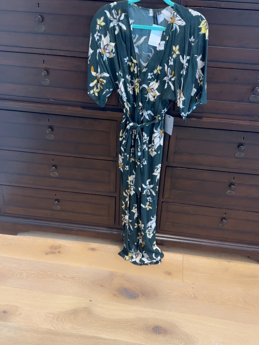 knot sisters Forest Green Floral Wrap Jumpsuit with White and Yellow Blooms